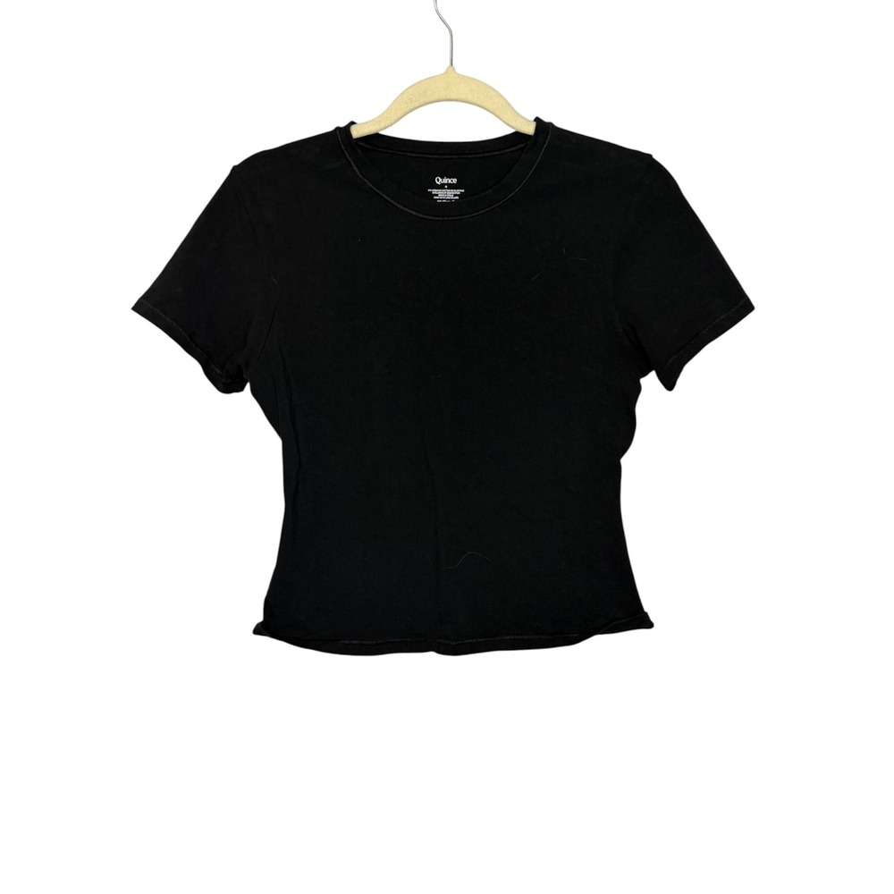 Quince Women's Black Ribbed Organic Cotton Short Sleeve Tee Size Medium